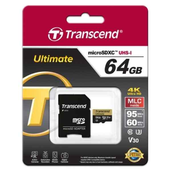 Memoria SD 64GB Transcend microSDXC UHS-I U3, MLC 95mbps 4K TS64GUSDU3M DJI.-0