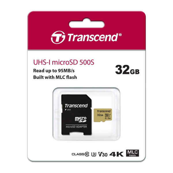 Memoria MicroSD 32GB UHS-I U3 con adaptador, TS32GUSD500S - Transcend-0