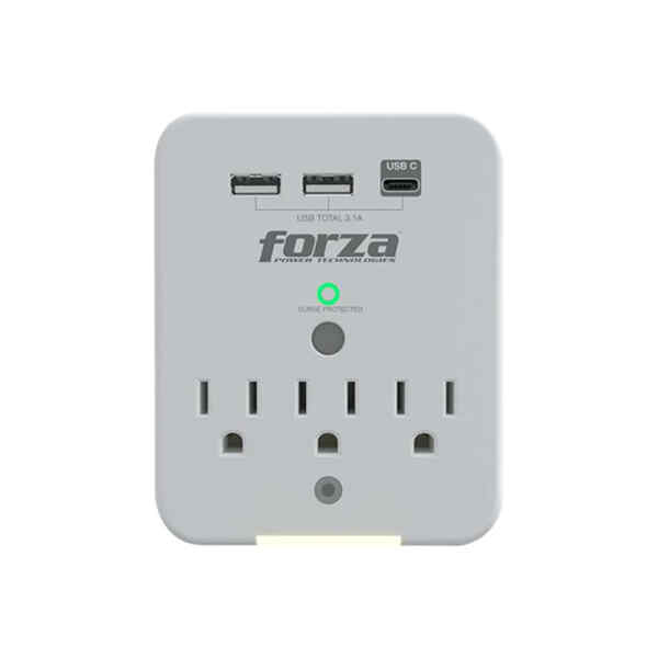 Forza FWT-331USBC – Protector contra sobretensiones (montaje en pared) – CA 125 V – 1875 vatios – conectores de salida: 3 – blanco