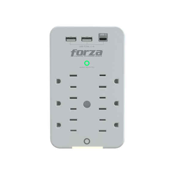 Forza FWT-631USBC – Protector contra sobretensiones (montaje en pared) – CA 125 V – 1875 vatios – conectores de salida: 6 – blanco
