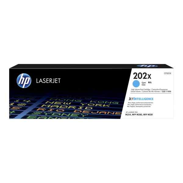 HP 202X – Alto rendimiento – cián – original – LaserJet – cartucho de tóner (CF501X) – para Color LaserJet Pro M254dw, M254nw, MFP M280nw, MFP M281cdw, MFP M281fdn, MFP M281fdw