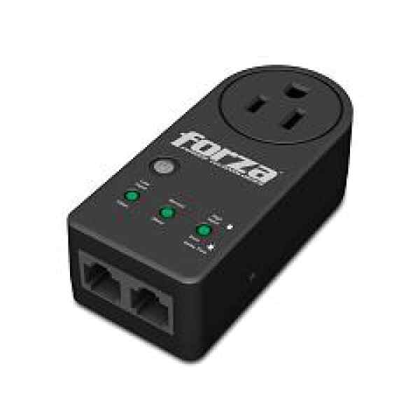 Forza Surge Zion 2K10 – Supresor de sobrevoltaje – 110V US – 1 RJ45 – 1 Salida – Rango de Voltaje 90-140 VAC – Proteccion de Picos IMAX 18000A – Color Negro