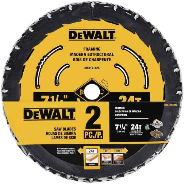 Disco De Sierra, 7-1/4 Pulg, Eje 5/8 Pulg, 24 Dientes, P/Madera Estructural, Blister Con 2 Unidades. Marca Dewalt