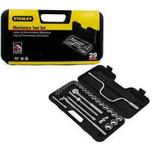 JUEGO DE 29 PIEZAS, RAIZ DE 1/2 PULGADAS, COPAS 12 PUNTOS, MILIMETRICAS CON MALETA PLASTICA. MARCA STANLEY
