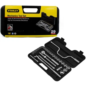 JUEGO DE 29 PIEZAS, RAIZ DE 1/2 PULGADAS, COPAS 12 PUNTOS, MILIMETRICAS CON MALETA PLASTICA. MARCA STANLEY