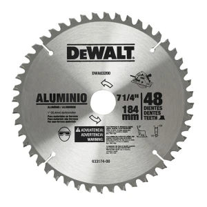 DISCO DE SIERRA, 7-1/4 PULG, P/ALUMINIO, 48 DIENTES DE CARBURO, EJE 1 PULG Y ADAPTADOR DE 5/8 PULG. MARCA DEWALT