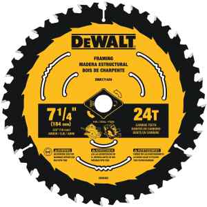 DISCO DE SIERRA, 7-1/4 PULG, EJE 5/8 PULG, 24 DIENTES DE CARBURO, PARA MADERA ESTRUCTURAL, A GRANEL. MARCA DEWALT