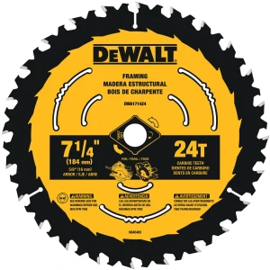 DISCO DE SIERRA, 7-1/4 PULG, EJE 5/8 PULG, 24 DIENTES DE CARBURO, PARA MADERA ESTRUCTURAL, A GRANEL. MARCA DEWALT