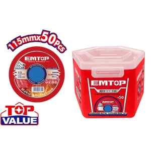 CAJA DE 50 DISCOS ABRASIVOS, PLANOS, 115MM 4-1/2 X 1.2MM 3/64 X 22.2MM 7/8 PULG, METAL Y ACERO INOXIDABLE. MARCA EMTOP