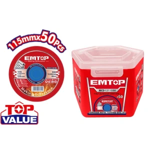 CAJA DE 50 DISCOS ABRASIVOS, PLANOS, 115MM 4-1/2 X 1.2MM 3/64 X 22.2MM 7/8 PULG, METAL Y ACERO INOXIDABLE. MARCA EMTOP