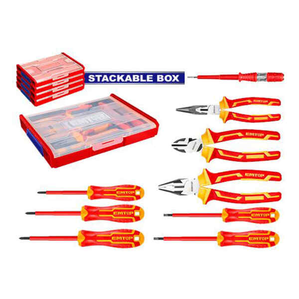Juego De 9 Piezas, 3 Alicates, 5 Desarmadores Aislados Y 1 Probador De Corriente, Con Caja Plastica. Marca Emtop