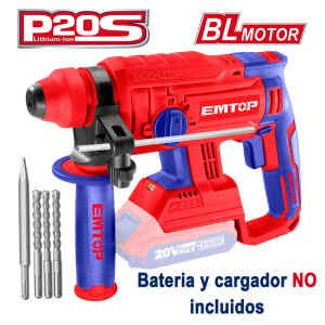 ROTOMARTILLO SDS PLUS INALAMBRICO, 20 VOLTIOS, MOTOR SIN CARBONES, 1.5 JOULES, SIN BATERIAS NI CARGADOR. MARCA EMTOP