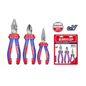 JUEGO DE 3 ALICATES, ALICATE COMBINADO 8 PULG, ALICATE DE CORTE 7 PULG, ALICATE DE PUNTA 6 PULG. MARCA EMTOP