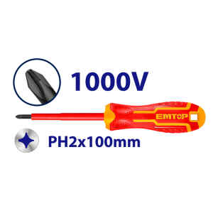 DESTORNILLADOR AISLADO 1,000 VOLTIOS, 4 PULG, PHILLIPS No. 2, VASTAGO REDONDO, DE CROMO VANADIO. MARCA EMTOP