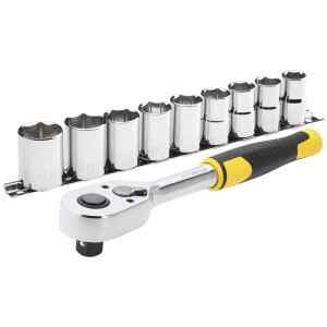 JUEGO DE 10 PIEZAS, COPAS RAIZ DE 1/2, EN MILIMETROS CON RATCHET DE DESCONECTOR RAPIDO Y PORTACOPAS. MARCA STANLEY
