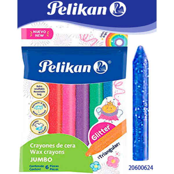 Crayon De Cera Pelikan 50600624 Pelicrayones C/Glitter Jumbo Triangular Cx6, 6 Colores C/Glitter X 1