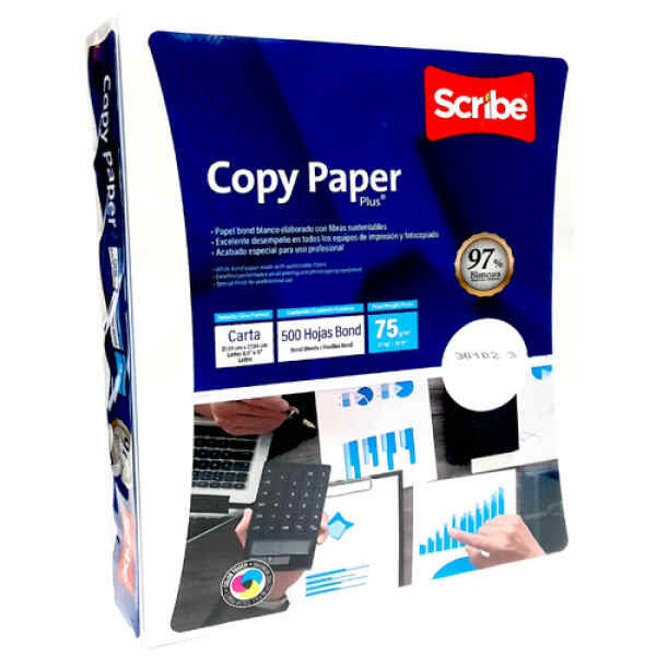 Papel Bond Scribe Copy Paper Plus Carta 75 Gramos 97% Blancura Px500, Blanco X 1