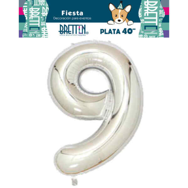Globo Metalico Bretton Diseño De Numero 9 Tamaño 40″, Plata X 1