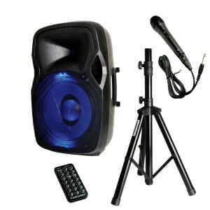 Bocina Activa 15plg. 8 OHMS, 1000W/USB/BT/CR, C/ Pedestal y Microfono | AUDIOPIPE