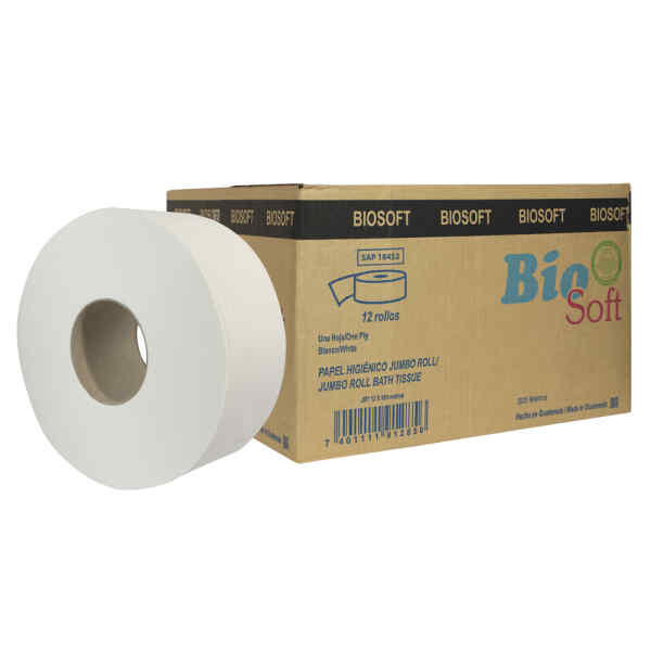 Papel Higienico Biosoft Jumbo Roll 1 Hoja De 500 Mts. Caja X 12 Uni.