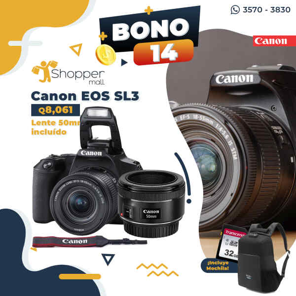 Camara EOS Rebel SL3 18-55MM F/4 IS STM | CANON COMBO – mochila – lente 50mm