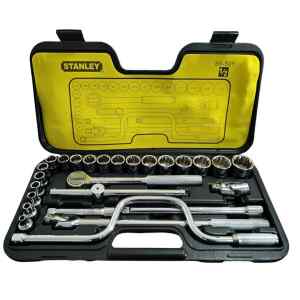 JUEGO DE 27 PIEZAS, RAIZ DE 1/2 PULGADAS, COPAS 12 PUNTOS, EN PULGADAS CON MALETA PLASTICA. MARCA STANLEY