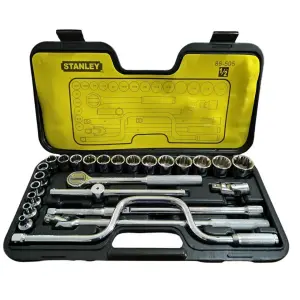 JUEGO DE 27 PIEZAS, RAIZ DE 1/2 PULGADAS, COPAS 12 PUNTOS, EN PULGADAS CON MALETA PLASTICA. MARCA STANLEY