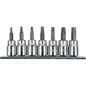 JUEGO DE 7 PUNTAS TORX, RAIZ DE 3/8 CON PORTACOPAS. MARCA STANLEY