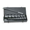JUEGO DE 21 PIEZAS, COPAS RAIZ DE 3/4, 12 PUNTOS EN PULG, RATCHET EXTENSION Y BARRA CON CAJA METALICA. MARCA STANLEY
