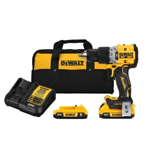 BARRENO/TALADRO PERCUTOR XR, 1/2 PULG, 20 VOLTIOS, SIN CARBONES, 2 BATERIAS, CARGADOR Y BOLSA DE NYLON. MARCA DEWALT
