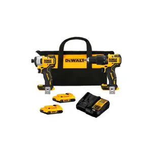 COMBO ATOMIC BARRENO/TALADRO PERCUTOR Y ATORNILLADOR DE IMPACTO, 20 VOLTIOS, SIN CARBONES. MARCA DEWALT