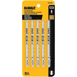 SET DE 5 CUCHILLAS DE CALADORA, 6 DIENTES X PULG, 4 PULG DE LARGO, CORTES RAPIDOS EN MADERA. MARCA DEWALT