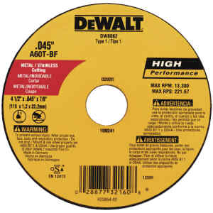 DISCO ABRASIVO, PLANO, 4-1/2 X 0.045 X 7/8 PULG, ACERO INOXIDABLE, ULTRA FINO, ALEMAN. MARCA DEWALT