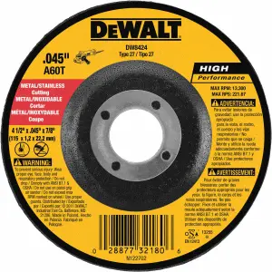 DISCO ABRASIVO, CONCAVO, 4-1/2 X 0.045 X 7/8 PULG, METAL Y ACERO INOXIDABLE, ALEMAN,. MARCA DEWALT