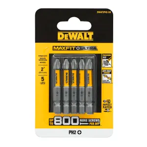 SET 5 PUNTAS PHILLIPS MAXFIT ULTRA No. 2 X 2 PULGADAS DE LARGO, DISEÑO ANTI-SNAP QUE REDUCE LA ROTURA. DEWALT