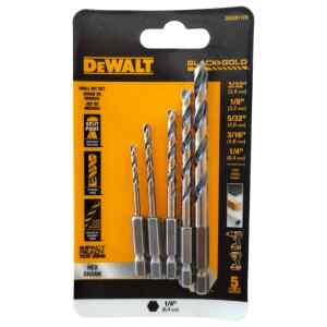 KIT DE 5 BROCAS HSS PARA METAL Y MADERA INCLUYE 3/32, 1/8, 5/32, 3/16 Y 1/4 PULG, VASTAGO HEXAGONAL DE 1/4. MARCA DEWALT