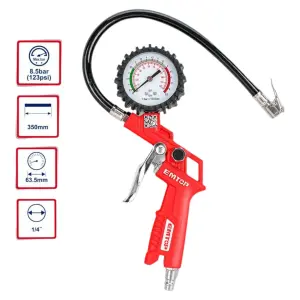 PISTOLA CON CALIBRADOR PARA INFLAR NEUMATICOS, 8.5 BAR, 123 PSI, CON 5 CONECTORES. MARCA EMTOP