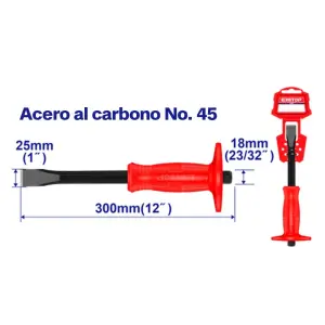 CINCEL PLANO, LARGO 12 PULG, 300 MM, MANGO 3/4 PULG, 18 MM, CABEZA DE PALA 1 PULG, 25 MM. MARCA EMTOP