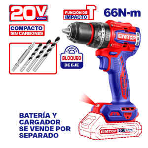 BARRENO/TALADRO PERCUTOR INALAMBRICO 20 VOLTIOS, BRUSHLESS, MANDRIL DE 1/2, TORQUE 66NM, SIN BATERIA NI CARGADOR. EMTOP