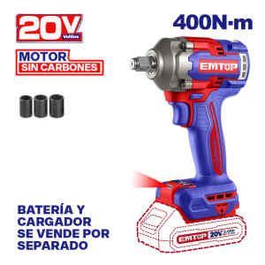 LLAVE DE IMPACTO INALAMBRICA 1/2, 20V, BRUSHLESS, 400NM,CON 3 COPAS MM, SIN BATERIA NI CARGADOR. EMTOP