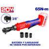 RATCHET DE 3/8 INALAMBRICO 20 VOLT, FUERZA 65NM, 0-250 RPM, CON 3 COPAS MM, SIN BATERIA NI CARGADOR. EMTOP