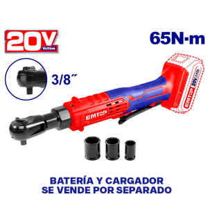 RATCHET DE 3/8 INALAMBRICO 20 VOLT, FUERZA 65NM, 0-250 RPM, CON 3 COPAS MM, SIN BATERIA NI CARGADOR. EMTOP