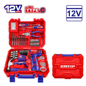 KIT TALADRO ROTACIONAL INALAMBRICO 3/8, 12V, CON JUEGO DE HERRAMIENTAS MANUALES Y PUNTAS, 96 PIEZAS. EMTOP