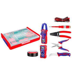 JUEGO DE 7 HERRAMIENTAS. MULTIMETRO,AMPERIMETRO,PROBADOR CORRIENTE,PELA CABLE,TIJERA,CUCHILLA Y CINTA AISLANTE. EMTOP