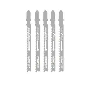 SET DE 5 HOJAS DE SIERRA CALADORA TIPO T, SEGUETA CORTE LIMPIO EN MADERA 10 TPI X 4 PULGADAS DE LARGO. MARCA EMTOP