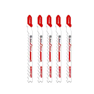 SET DE 5 HOJAS DE SIERRA CALADORA TIPO T, SEGUETA CORTE RAPIDO EN MADERA 6 TPI X 4 PULGADAS DE LARGO. MARCA EMTOP