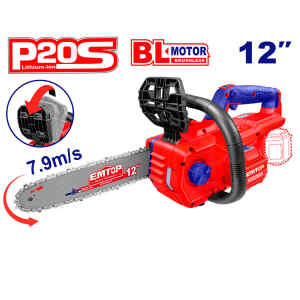 MOTOSIERRA INALAMBRICA ESPADA DE 12 PULGADAS, 20 VOLTIOS, BRUSHLESS, SIN BATERIA NI CARGADOR. MARCA EMTOP