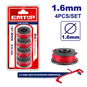 SET 4 CARRETES DE HILO 1.6MM, LARGO 5 METROS PARA ORILLADORA DE GRAMA COMPATIBLE CON ELGT20018, ELGT20328. MARCA EMTOP
