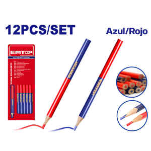 SET DE 12 UNIDADES DE LAPIZ DE CARPINTERO OVALADO BICOLOR, MINA AZUL Y ROJO. MARCA EMTOP