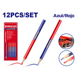 SET DE 12 UNIDADES DE LAPIZ DE CARPINTERO OVALADO BICOLOR, MINA AZUL Y ROJO. MARCA EMTOP